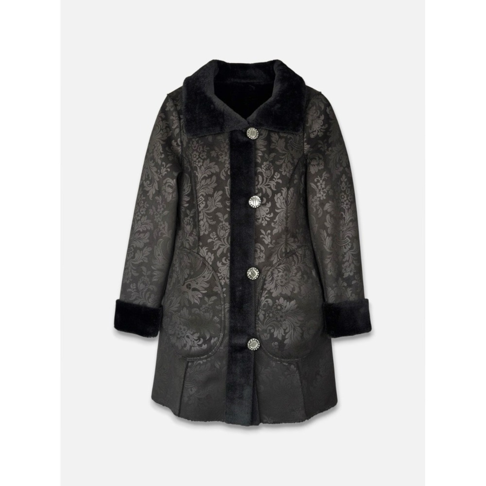 AdelaQueen Reversible Faux Fur‎ Jacquard Coat Black XS Retro Glam